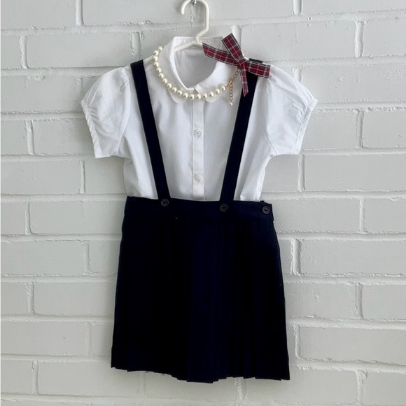 Vintage Classic Old-Style Navy Blue Wool Uniform Suspender Skirt Size Girls 4-5 - Picture 1 of 9